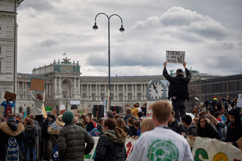 Zu sehen ist ein großer Umweltprotest vor der Hofburg in Wien