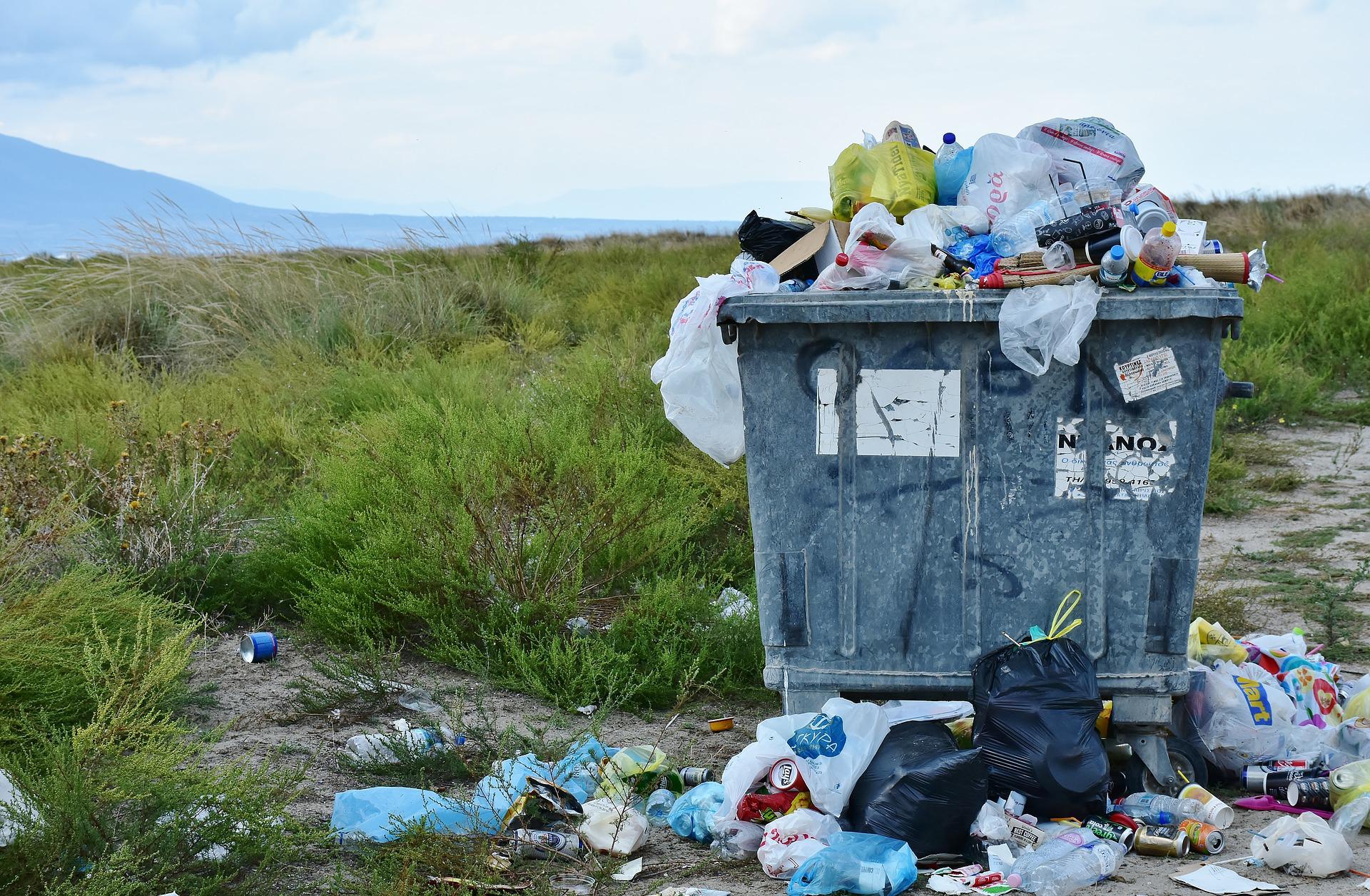 Ein Müllcontainer steht mitten in der Landschaft und ist so voll, dass der Müll rausquillt und auch daneben auf dem Boden liegt.